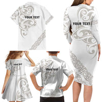 All White Maori Tribal Tattoo Personalised Family Matching Long Sleeve Bodycon Dress and Hawaiian Shirt Stone Gray Polynesian Style LT9 - Polynesian Pride