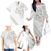 All White Maori Tribal Tattoo Personalised Family Matching Off The Shoulder Long Sleeve Dress and Hawaiian Shirt Stone Gray Polynesian Style LT9 - Polynesian Pride