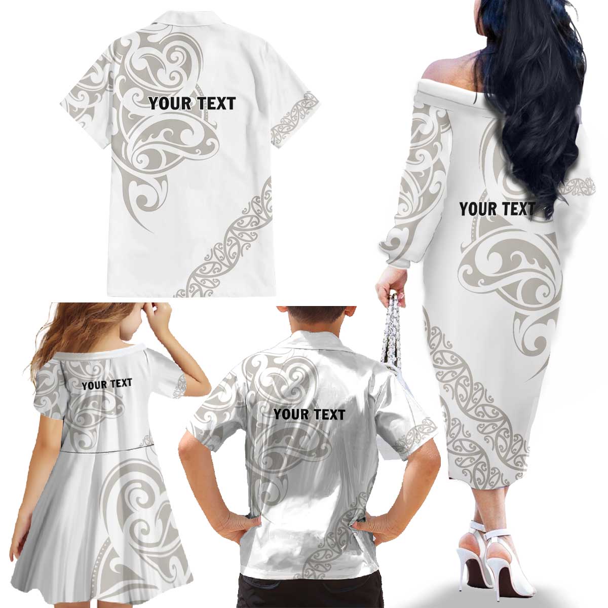 All White Maori Tribal Tattoo Personalised Family Matching Off The Shoulder Long Sleeve Dress and Hawaiian Shirt Stone Gray Polynesian Style LT9 - Polynesian Pride