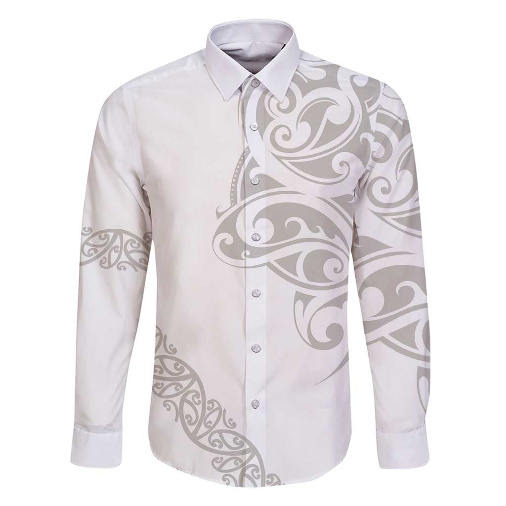 All White Maori Tribal Tattoo Personalised Family Matching Off Shoulder Maxi Dress and Hawaiian Shirt Stone Gray Polynesian Style LT9 Dad's Shirt - Long Sleeve Gray - Polynesian Pride