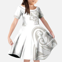 All White Maori Tribal Tattoo Personalised Family Matching Puletasi and Hawaiian Shirt Stone Gray Polynesian Style LT9 Daughter's Dress Gray - Polynesian Pride
