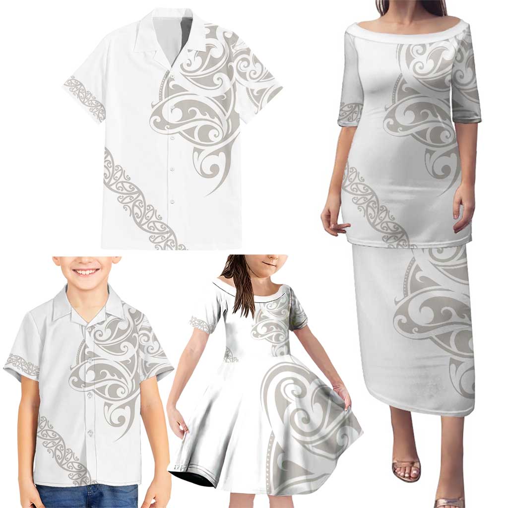 All White Maori Tribal Tattoo Personalised Family Matching Puletasi and Hawaiian Shirt Stone Gray Polynesian Style LT9 - Polynesian Pride