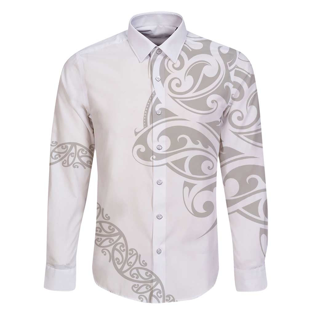 All White Maori Tribal Tattoo Personalised Family Matching Puletasi and Hawaiian Shirt Stone Gray Polynesian Style LT9 Dad's Shirt - Long Sleeve Gray - Polynesian Pride