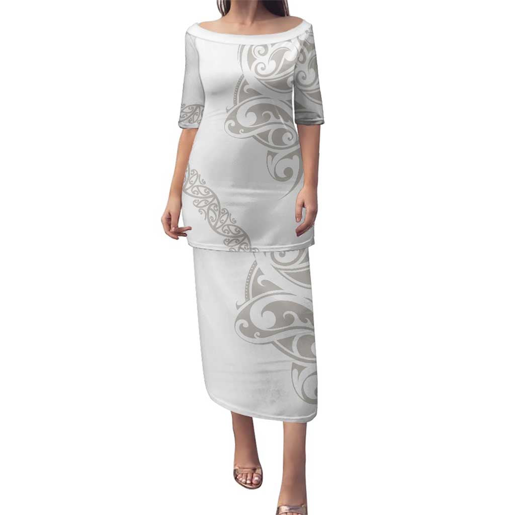 All White Maori Tribal Tattoo Personalised Family Matching Puletasi and Hawaiian Shirt Stone Gray Polynesian Style LT9 Mom's Dress Gray - Polynesian Pride
