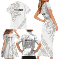 All White Maori Tribal Tattoo Personalised Family Matching Short Sleeve Bodycon Dress and Hawaiian Shirt Stone Gray Polynesian Style LT9 - Polynesian Pride