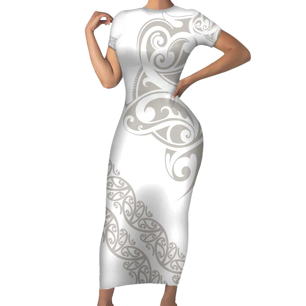 All White Maori Tribal Tattoo Personalised Family Matching Short Sleeve Bodycon Dress and Hawaiian Shirt Stone Gray Polynesian Style LT9 Mom's Dress Gray - Polynesian Pride