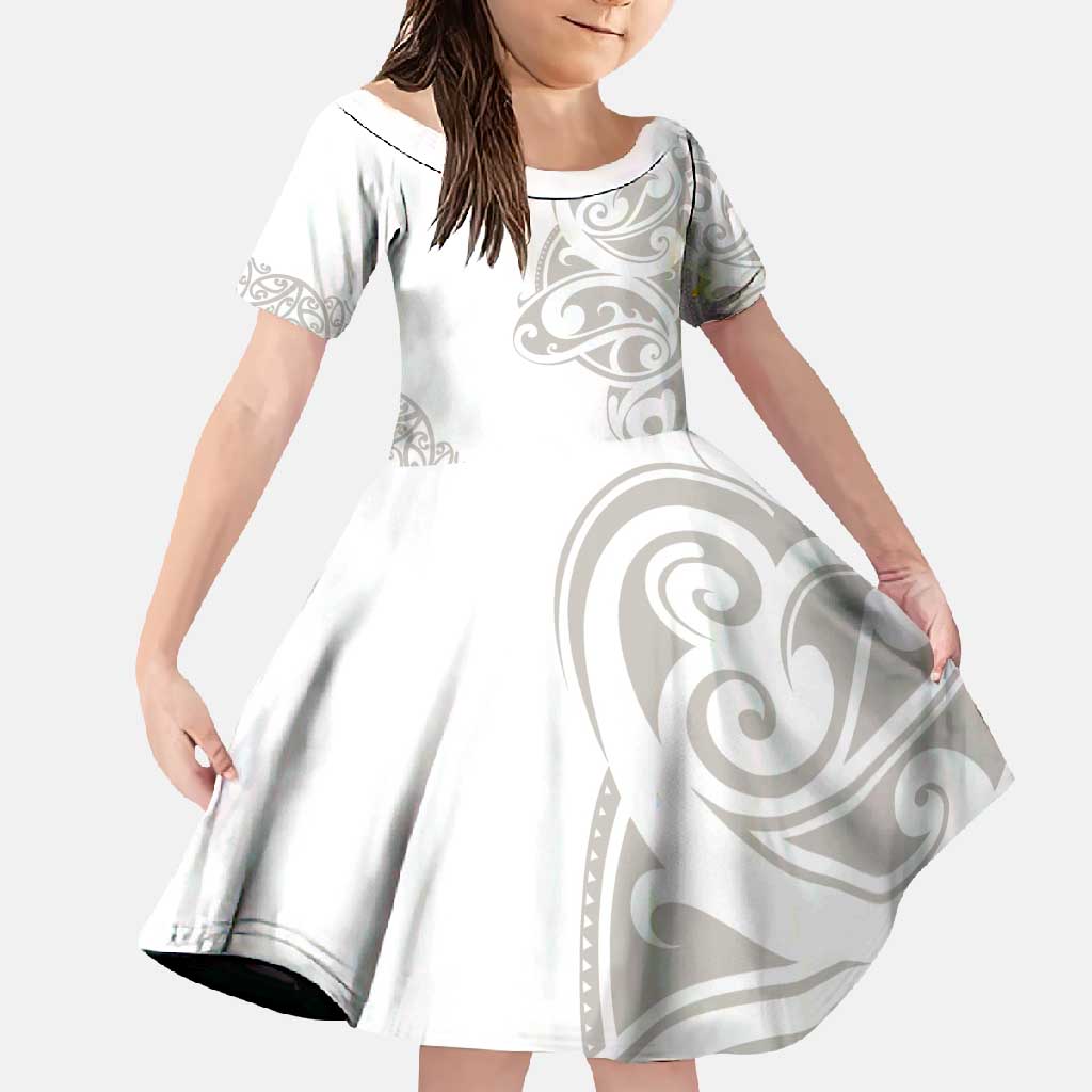 All White Maori Tribal Tattoo Personalised Family Matching Summer Maxi Dress and Hawaiian Shirt Stone Gray Polynesian Style LT9 Daughter's Dress Gray - Polynesian Pride