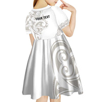 All White Maori Tribal Tattoo Personalised Kid Short Sleeve Dress Stone Gray Polynesian Style - Polynesian Pride