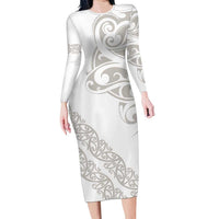 All White Maori Tribal Tattoo Personalised Long Sleeve Bodycon Dress Stone Gray Polynesian Style LT9 Long Dress Gray - Polynesian Pride