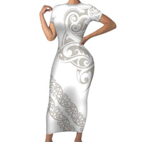 All White Maori Tribal Tattoo Personalised Short Sleeve Bodycon Dress Stone Gray Polynesian Style LT9 Long Dress Gray - Polynesian Pride