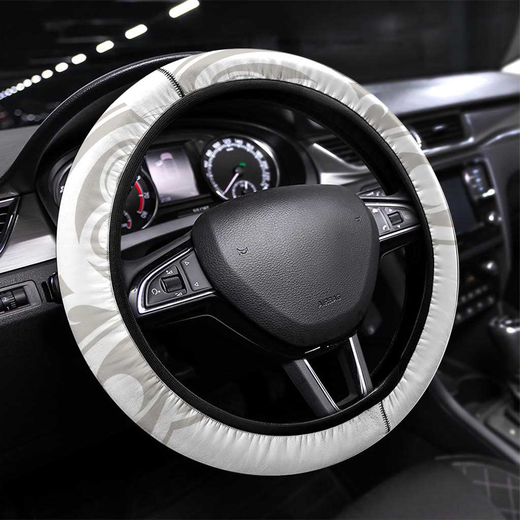 All White Maori Tribal Tattoo Steering Wheel Cover Stone Gray Polynesian Style - Polynesian Pride