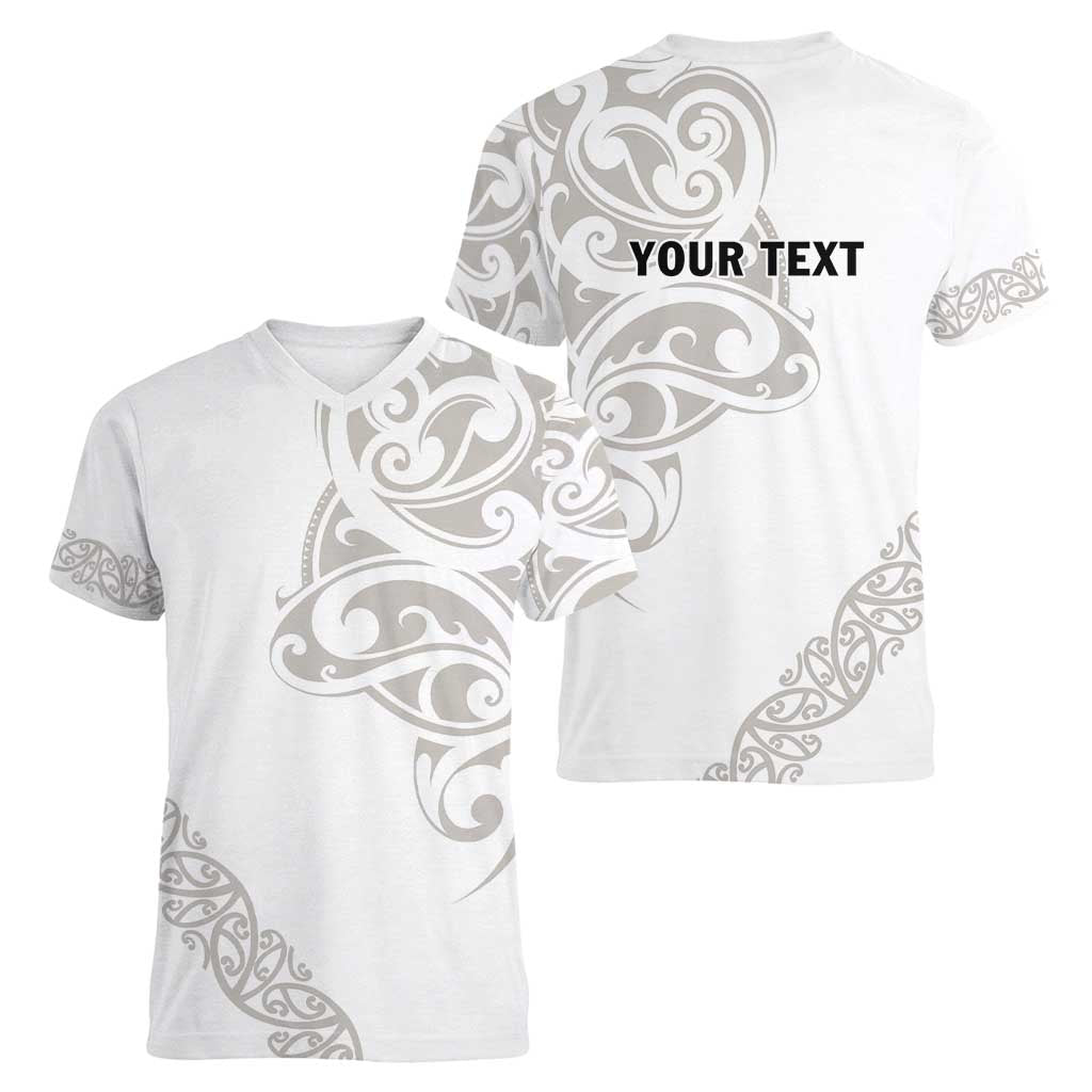 All White Maori Tribal Tattoo Personalised Women V-Neck T-Shirt Stone Gray Polynesian Style LT9 - Polynesian Pride