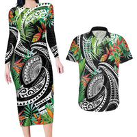 Polynesian Pacific Rugby Tribal Couples Matching Long Sleeve Bodycon Dress and Hawaiian Shirt Tropical Vibe LT9 Black - Polynesian Pride