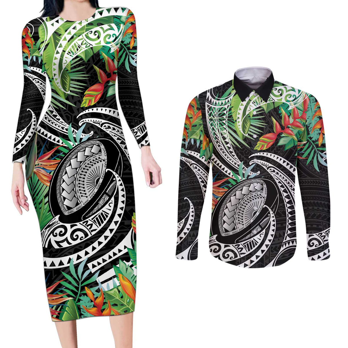 Polynesian Pacific Rugby Tribal Couples Matching Long Sleeve Bodycon Dress and Long Sleeve Button Shirt Tropical Vibe LT9 Black - Polynesian Pride