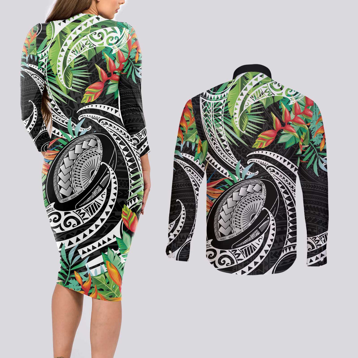 Polynesian Pacific Rugby Tribal Couples Matching Long Sleeve Bodycon Dress and Long Sleeve Button Shirt Tropical Vibe LT9 - Polynesian Pride