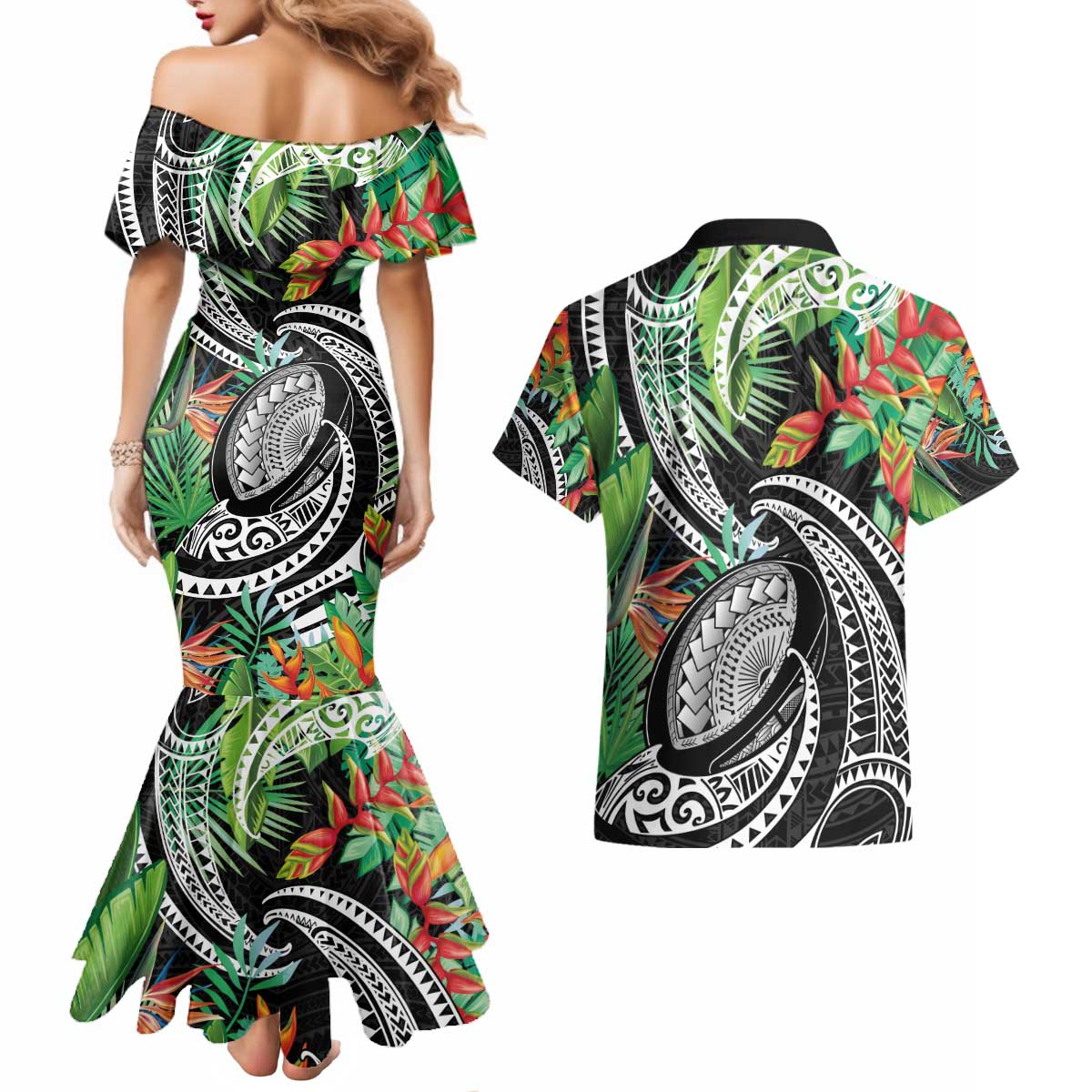 Polynesian Pacific Rugby Tribal Couples Matching Mermaid Dress and Hawaiian Shirt Tropical Vibe LT9 - Polynesian Pride