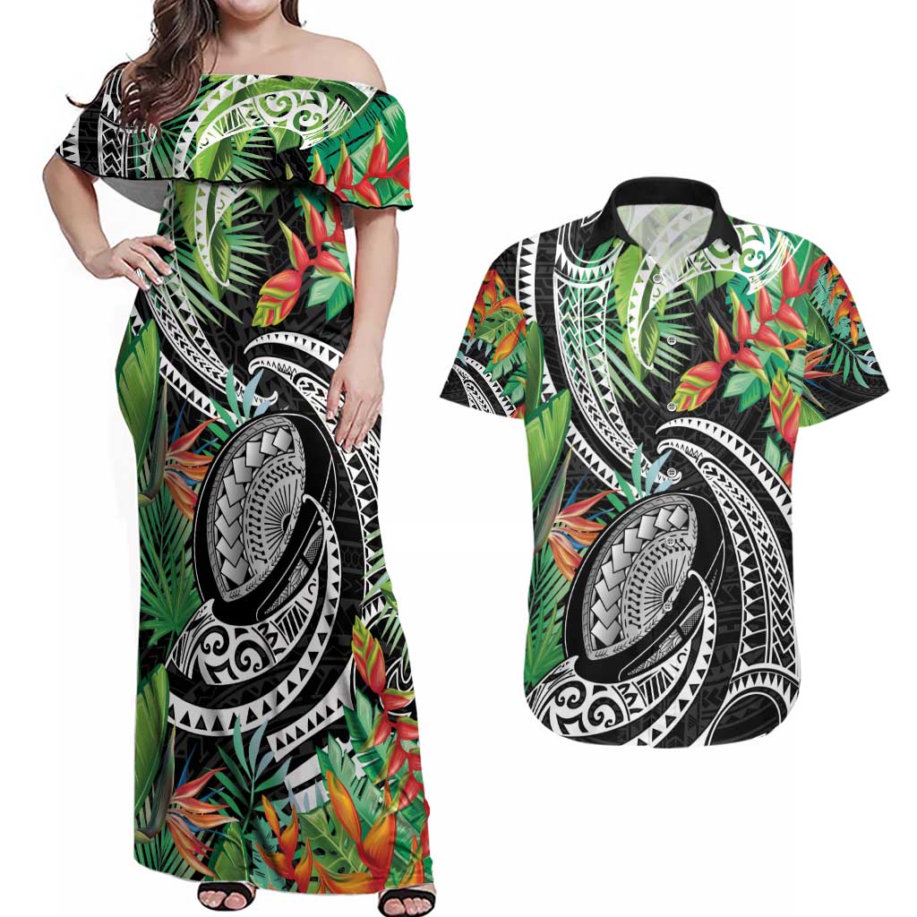 Polynesian Pacific Rugby Tribal Couples Matching Off Shoulder Maxi Dress and Hawaiian Shirt Tropical Vibe LT9 Black - Polynesian Pride