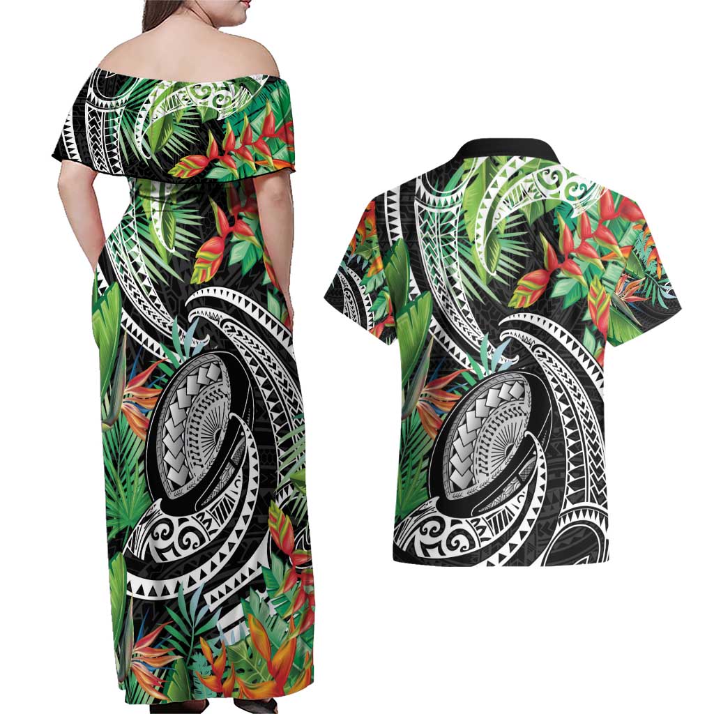 Polynesian Pacific Rugby Tribal Couples Matching Off Shoulder Maxi Dress and Hawaiian Shirt Tropical Vibe LT9 - Polynesian Pride