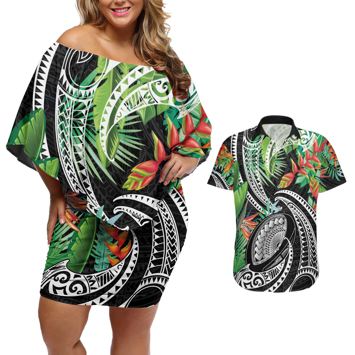 Polynesian Pacific Rugby Tribal Couples Matching Off Shoulder Short Dress and Hawaiian Shirt Tropical Vibe LT9 Black - Polynesian Pride
