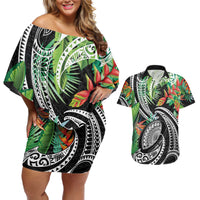 Polynesian Pacific Rugby Tribal Couples Matching Off Shoulder Short Dress and Hawaiian Shirt Tropical Vibe LT9 Black - Polynesian Pride