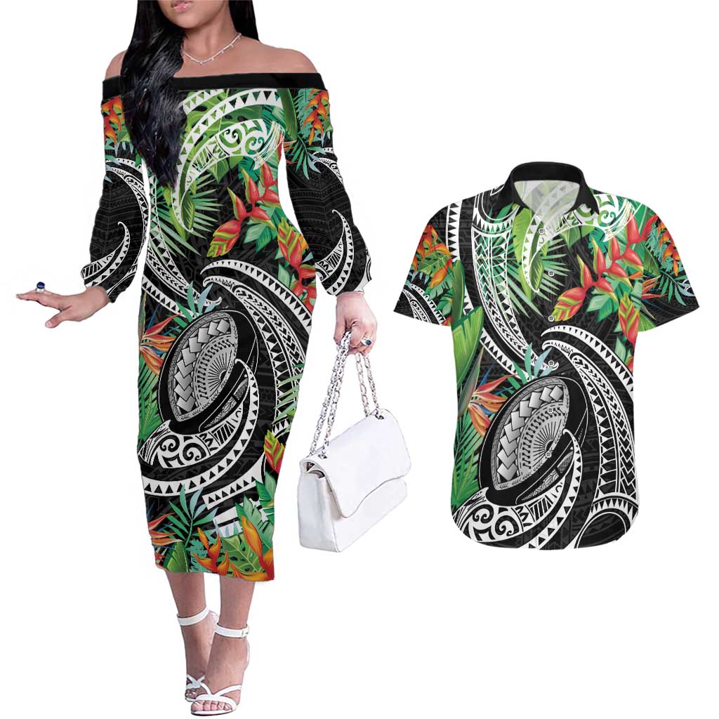 Polynesian Pacific Rugby Tribal Couples Matching Off The Shoulder Long Sleeve Dress and Hawaiian Shirt Tropical Vibe LT9 Black - Polynesian Pride