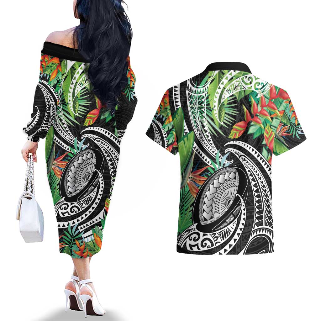 Polynesian Pacific Rugby Tribal Couples Matching Off The Shoulder Long Sleeve Dress and Hawaiian Shirt Tropical Vibe LT9 - Polynesian Pride