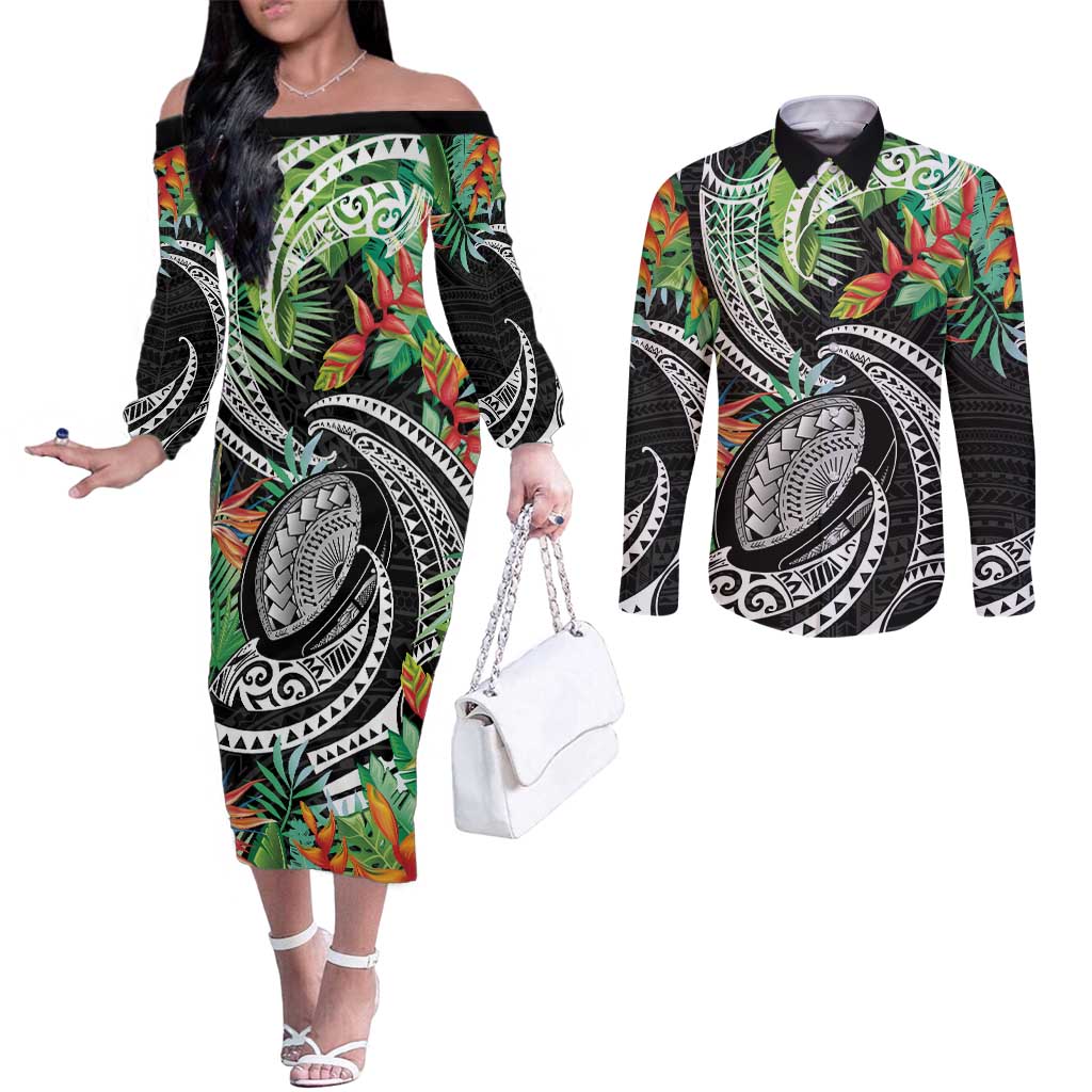 Polynesian Pacific Rugby Tribal Couples Matching Off The Shoulder Long Sleeve Dress and Long Sleeve Button Shirt Tropical Vibe LT9 Black - Polynesian Pride