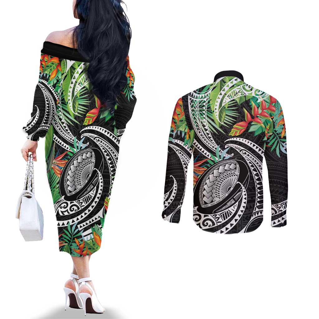 Polynesian Pacific Rugby Tribal Couples Matching Off The Shoulder Long Sleeve Dress and Long Sleeve Button Shirt Tropical Vibe LT9 - Polynesian Pride