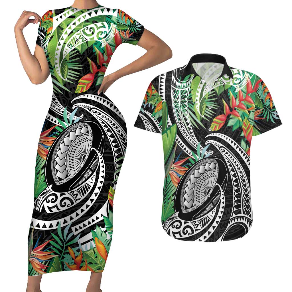 Polynesian Pacific Rugby Tribal Couples Matching Short Sleeve Bodycon Dress and Hawaiian Shirt Tropical Vibe LT9 Black - Polynesian Pride