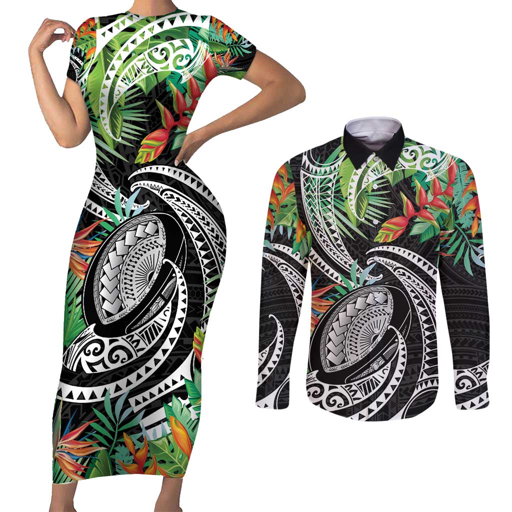 Polynesian Pacific Rugby Tribal Couples Matching Short Sleeve Bodycon Dress and Long Sleeve Button Shirt Tropical Vibe LT9 Black - Polynesian Pride