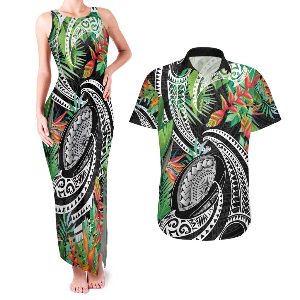 Polynesian Pacific Rugby Tribal Couples Matching Tank Maxi Dress and Hawaiian Shirt Tropical Vibe LT9 Black - Polynesian Pride