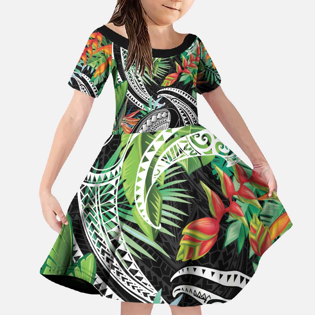 Polynesian Pacific Rugby Tribal Family Matching Mermaid Dress and Hawaiian Shirt Tropical Vibe LT9 Daughter's Dress Black - Polynesian Pride