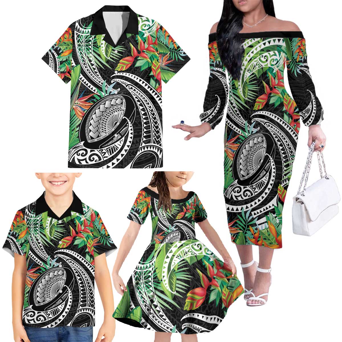 Polynesian Pacific Rugby Tribal Family Matching Off The Shoulder Long Sleeve Dress and Hawaiian Shirt Tropical Vibe LT9 - Polynesian Pride