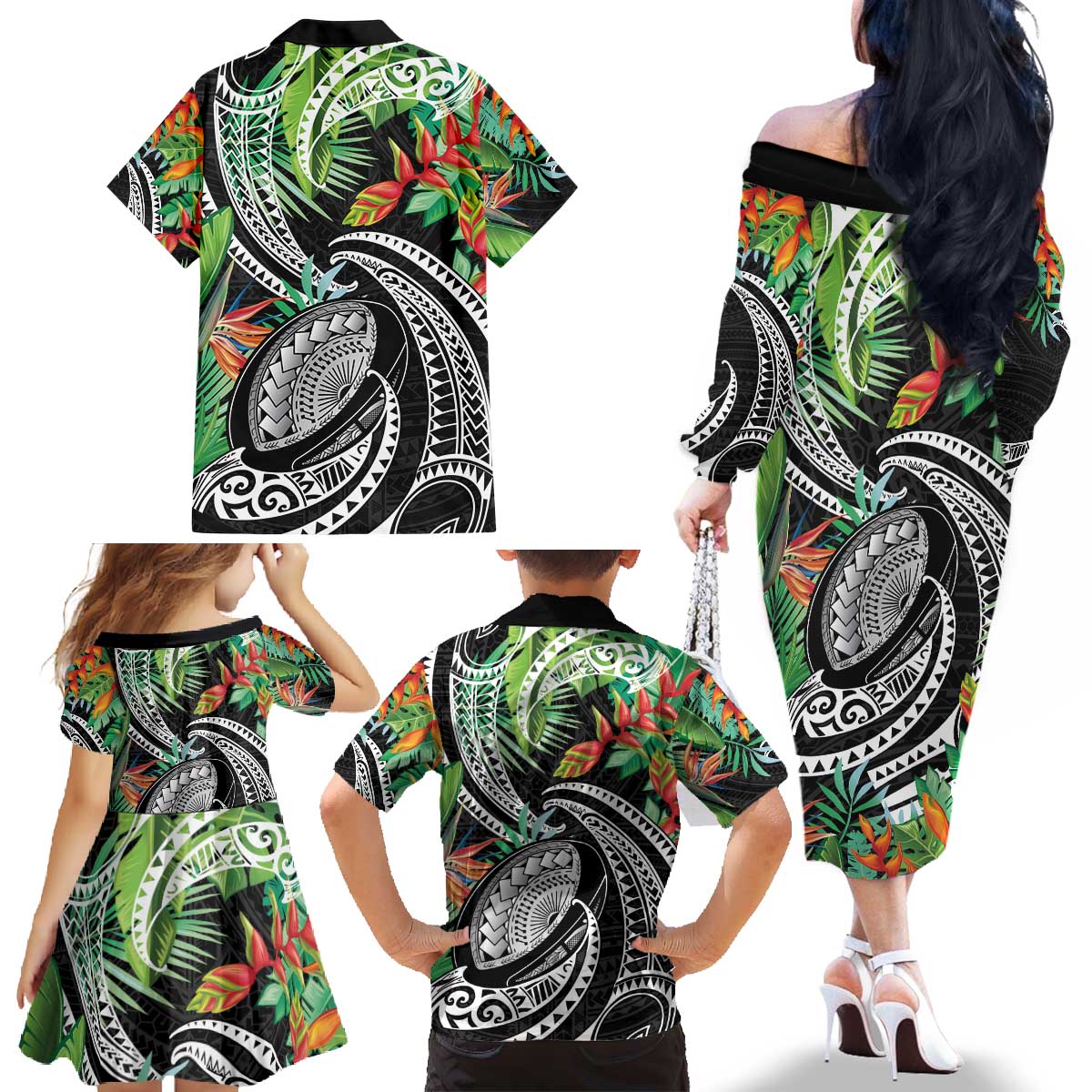 Polynesian Pacific Rugby Tribal Family Matching Off The Shoulder Long Sleeve Dress and Hawaiian Shirt Tropical Vibe LT9 - Polynesian Pride