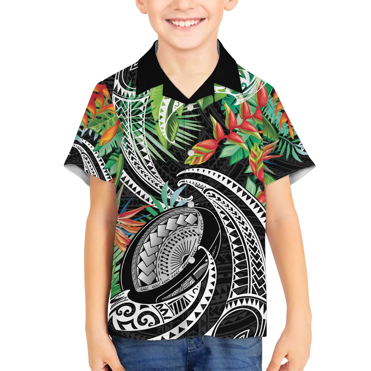 Polynesian Pacific Rugby Tribal Family Matching Off The Shoulder Long Sleeve Dress and Hawaiian Shirt Tropical Vibe LT9 Son's Shirt Black - Polynesian Pride