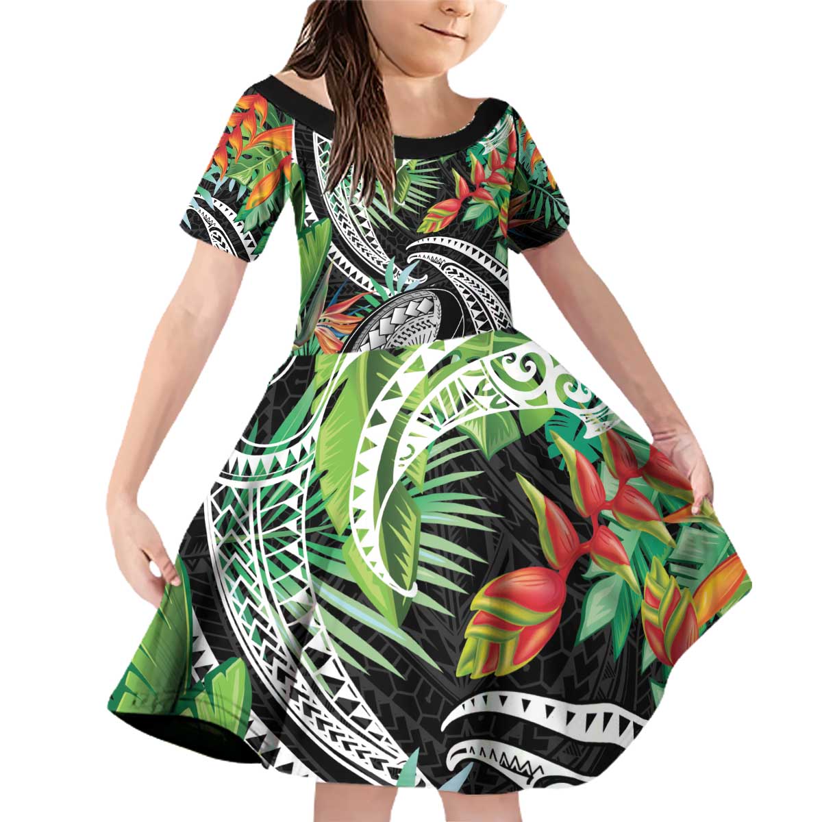Polynesian Pacific Rugby Tribal Family Matching Off Shoulder Short Dress and Hawaiian Shirt Tropical Vibe LT9 Daughter's Dress Black - Polynesian Pride