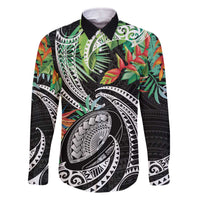 Polynesian Pacific Rugby Tribal Family Matching Off Shoulder Short Dress and Hawaiian Shirt Tropical Vibe LT9 Dad's Shirt - Long Sleeve Black - Polynesian Pride