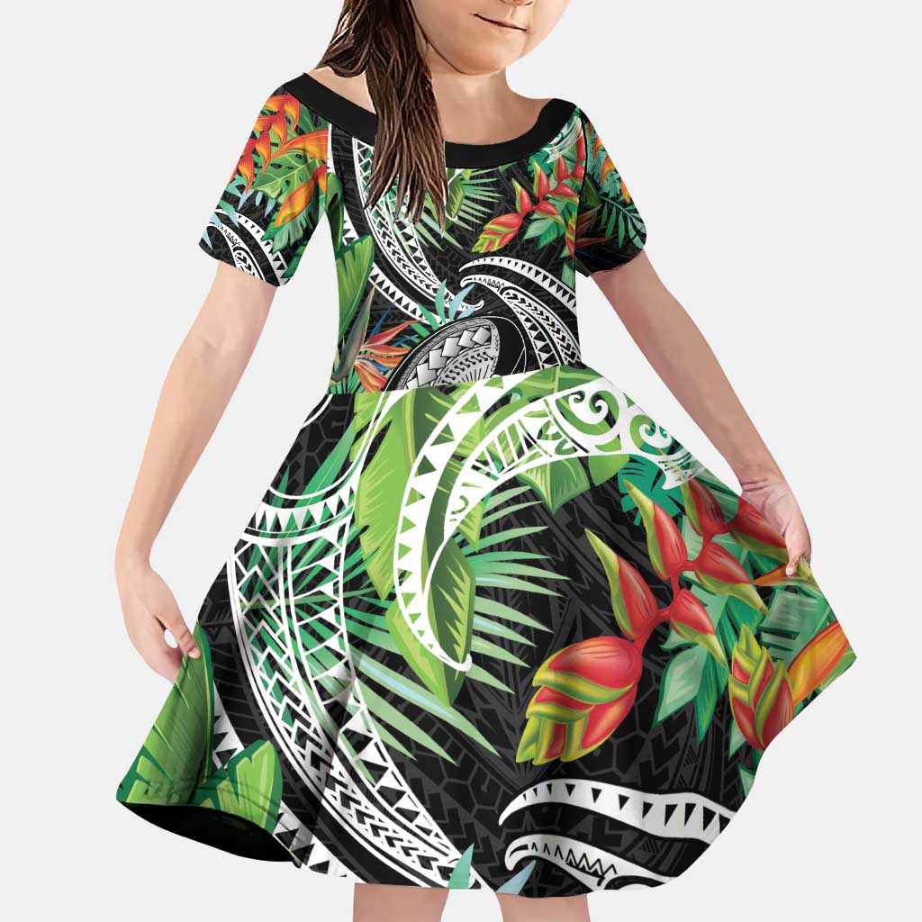 Polynesian Pacific Rugby Tribal Family Matching Puletasi and Hawaiian Shirt Tropical Vibe LT9 Daughter's Dress Black - Polynesian Pride