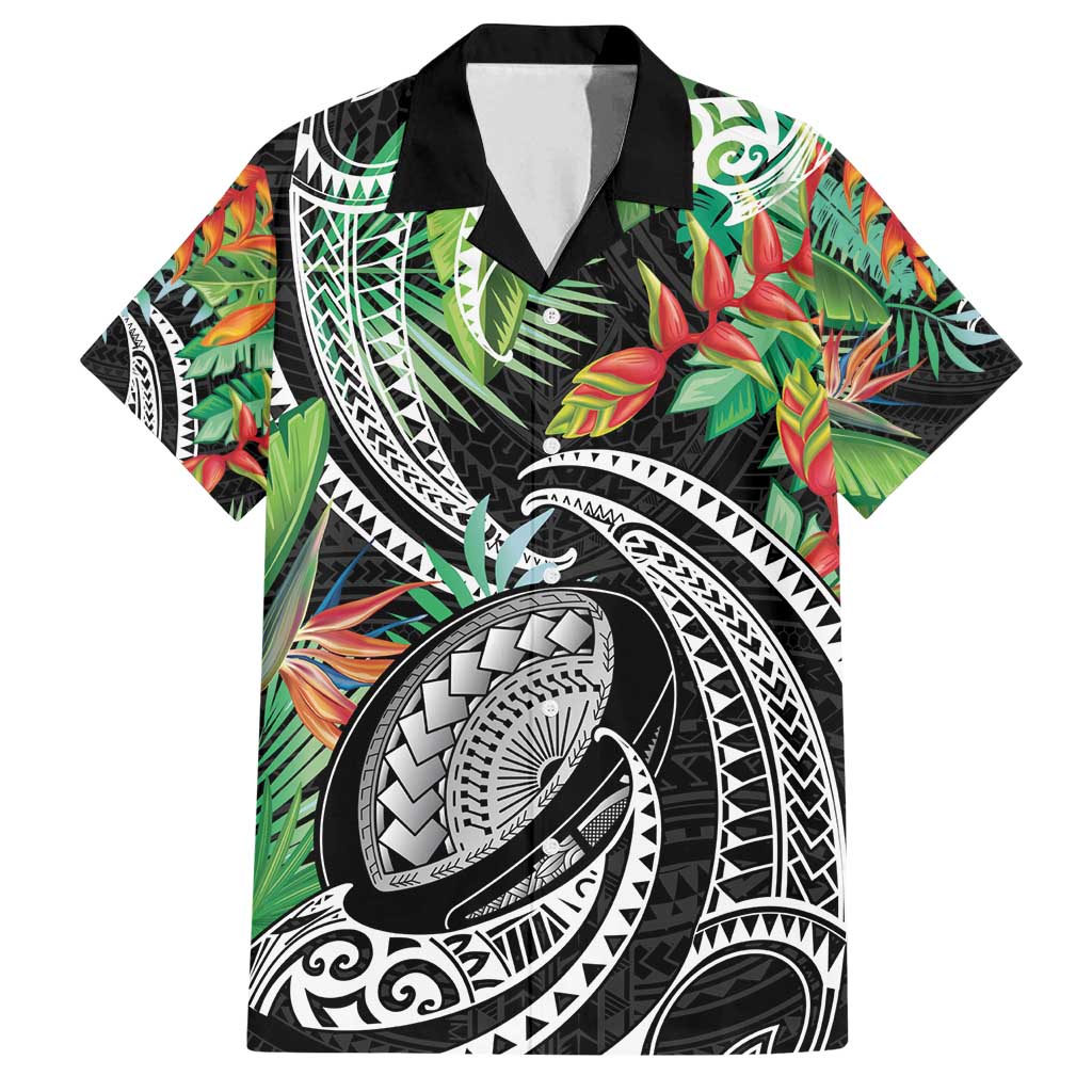 Polynesian Pacific Rugby Tribal Family Matching Puletasi and Hawaiian Shirt Tropical Vibe LT9 Dad's Shirt - Short Sleeve Black - Polynesian Pride