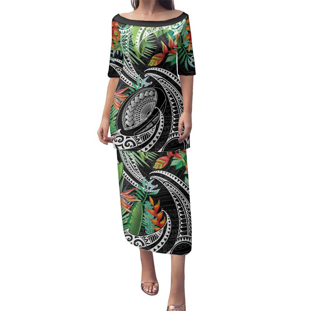 Polynesian Pacific Rugby Tribal Family Matching Puletasi and Hawaiian Shirt Tropical Vibe LT9 Mom's Dress Black - Polynesian Pride