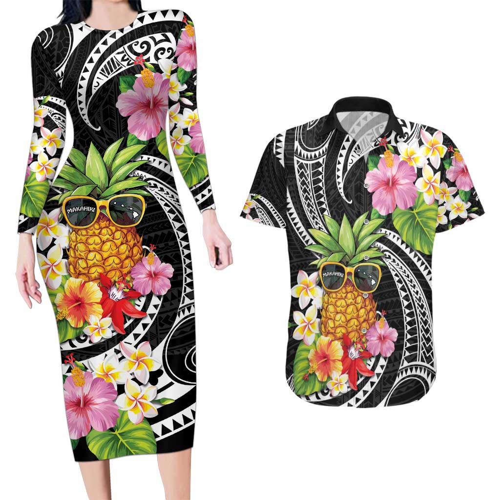 Hau'oli Makahiki Hou Couples Matching Long Sleeve Bodycon Dress and Hawaiian Shirt Aloha Pineapple Tropical Vibe LT9 Black - Polynesian Pride