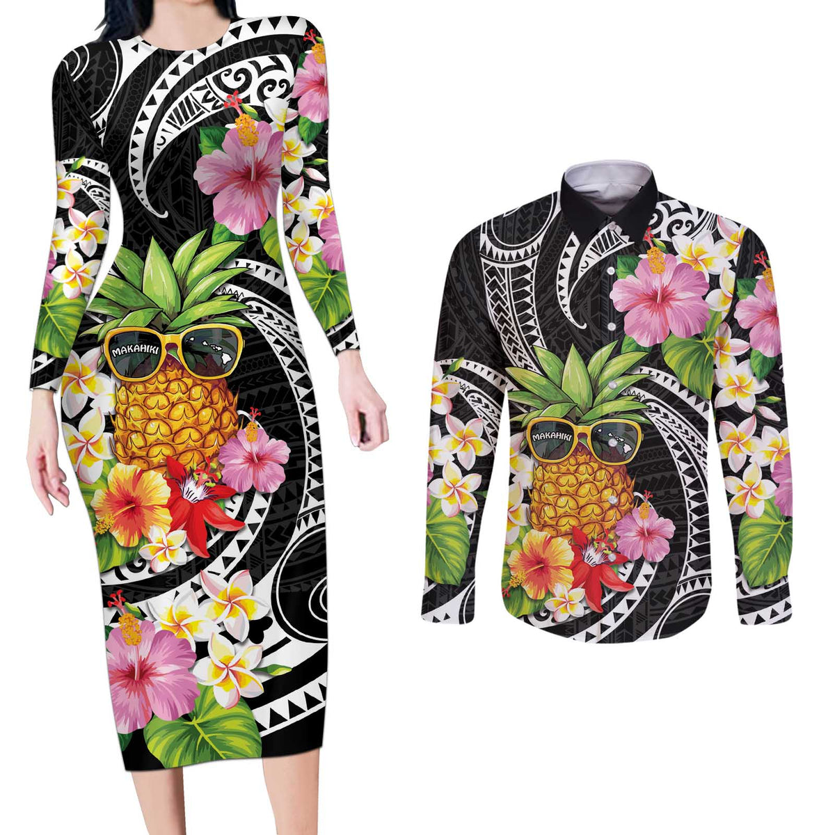 Hau'oli Makahiki Hou Couples Matching Long Sleeve Bodycon Dress and Long Sleeve Button Shirt Aloha Pineapple Tropical Vibe LT9 Black - Polynesian Pride
