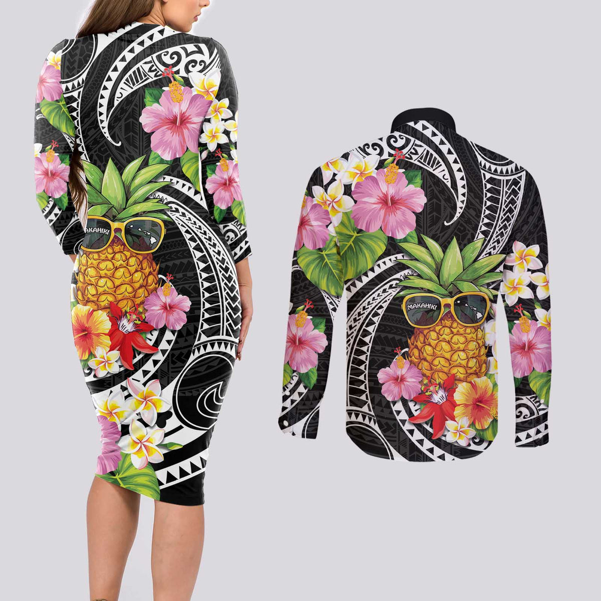Hau'oli Makahiki Hou Couples Matching Long Sleeve Bodycon Dress and Long Sleeve Button Shirt Aloha Pineapple Tropical Vibe LT9 - Polynesian Pride