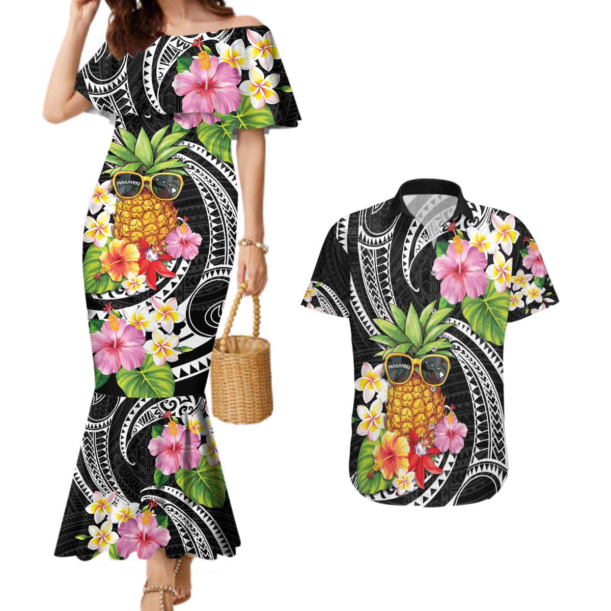 Hau'oli Makahiki Hou Couples Matching Mermaid Dress and Hawaiian Shirt Aloha Pineapple Tropical Vibe LT9 Black - Polynesian Pride