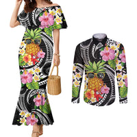 Hau'oli Makahiki Hou Couples Matching Mermaid Dress and Long Sleeve Button Shirt Aloha Pineapple Tropical Vibe LT9 Black - Polynesian Pride