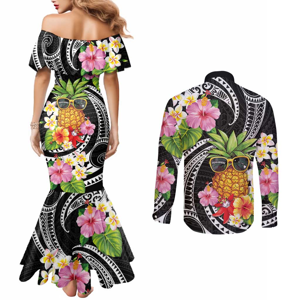 Hau'oli Makahiki Hou Couples Matching Mermaid Dress and Long Sleeve Button Shirt Aloha Pineapple Tropical Vibe LT9 - Polynesian Pride