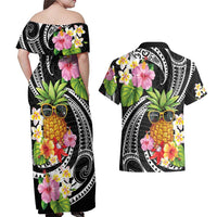 Hau'oli Makahiki Hou Couples Matching Off Shoulder Maxi Dress and Hawaiian Shirt Aloha Pineapple Tropical Vibe LT9 - Polynesian Pride