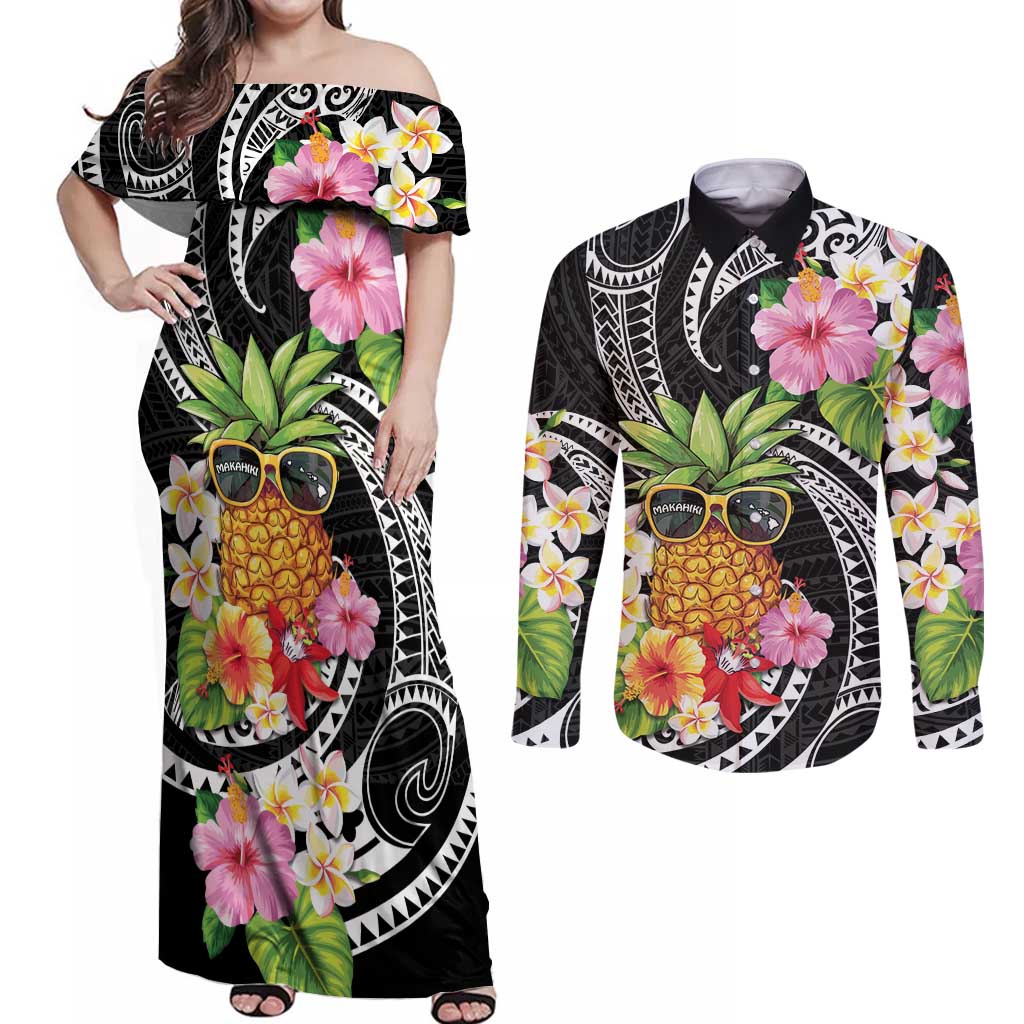 Hau'oli Makahiki Hou Couples Matching Off Shoulder Maxi Dress and Long Sleeve Button Shirt Aloha Pineapple Tropical Vibe LT9 Black - Polynesian Pride