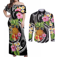 Hau'oli Makahiki Hou Couples Matching Off Shoulder Maxi Dress and Long Sleeve Button Shirt Aloha Pineapple Tropical Vibe LT9 Black - Polynesian Pride