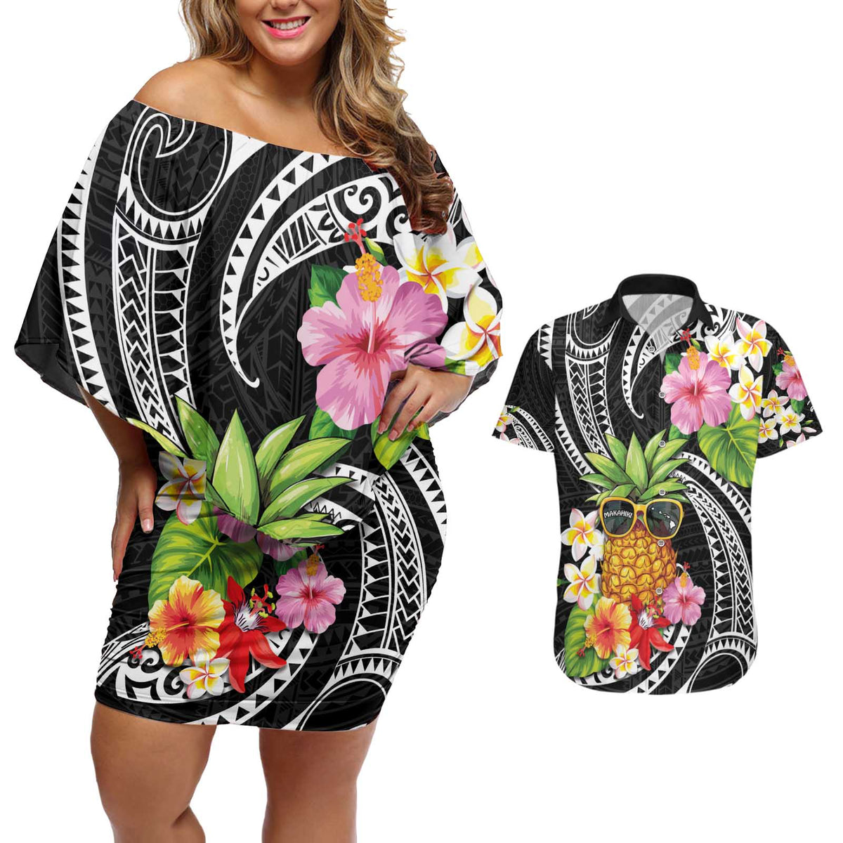Hau'oli Makahiki Hou Couples Matching Off Shoulder Short Dress and Hawaiian Shirt Aloha Pineapple Tropical Vibe LT9 Black - Polynesian Pride